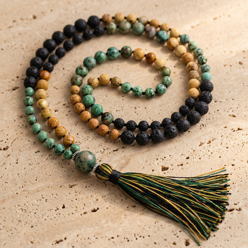 Collier Mala "Retour à Soi" en Jaspe, Turquoise Africaine & Pierre de Lave