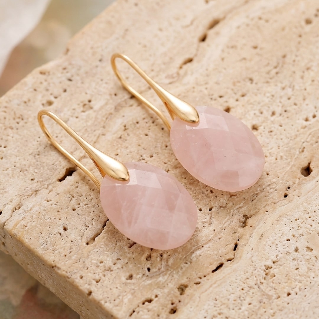 Boucles d’Oreilles "Elova" en Pierre Naturelle - Quartz Rose Or - L'Arbre des Chakras