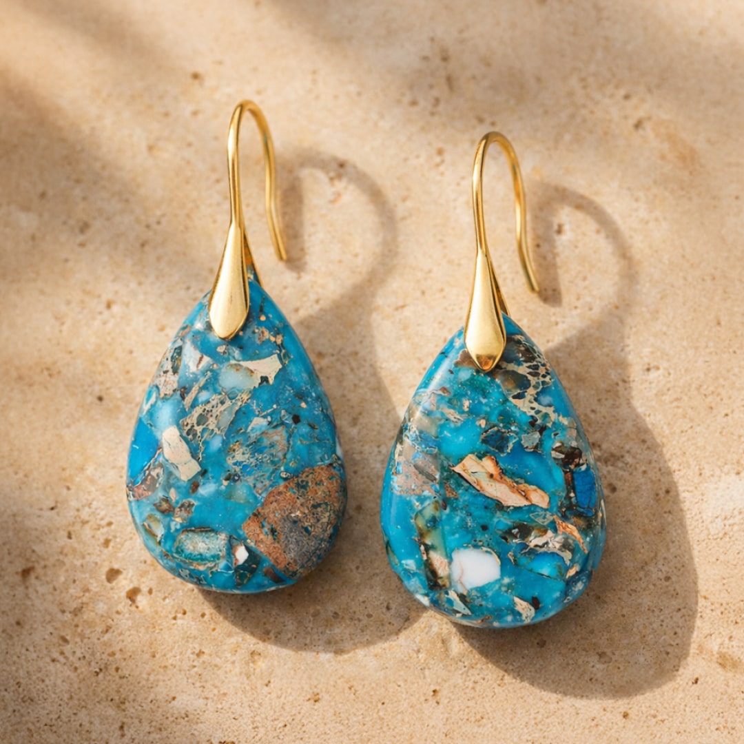 Boucles d’Oreilles Gouttes "Aquarella" en Jaspe Bleu - Or - L'Arbre des Chakras