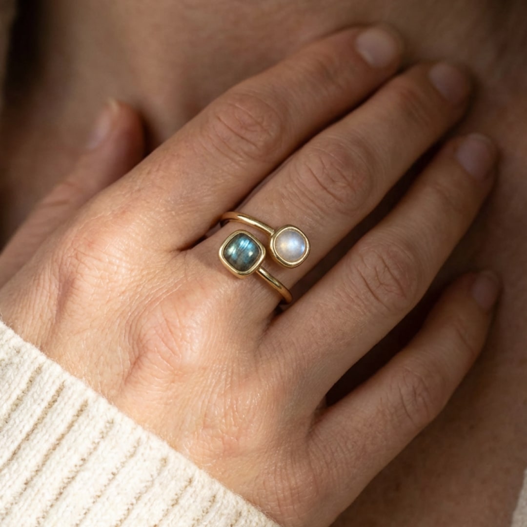Bague Ajustable "Isha" en Labradorite & Pierre de Lune - - L'Arbre des Chakras