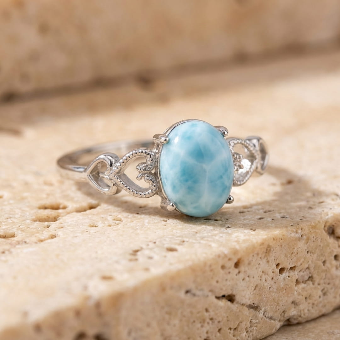Bague Ajustable "Lagon Intérieur" en Pierre de Larimar - - L'Arbre des Chakras