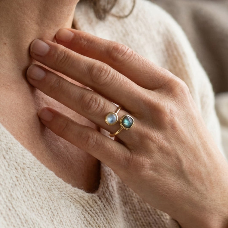 Bague Ajustable "Isha" en Labradorite & Pierre de Lune