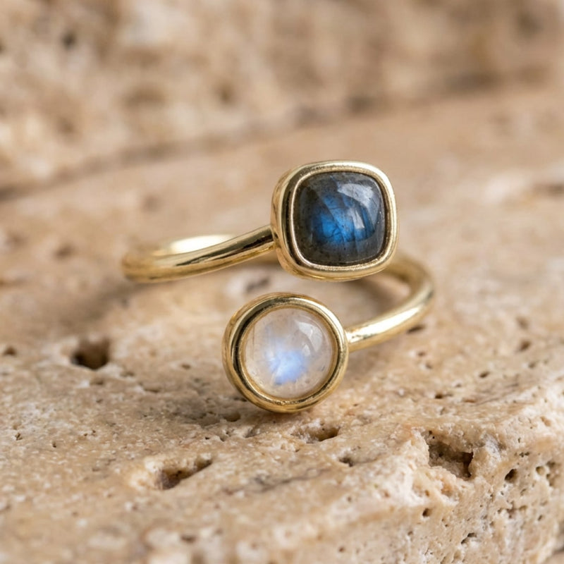 Bague Ajustable "Isha" en Labradorite & Pierre de Lune