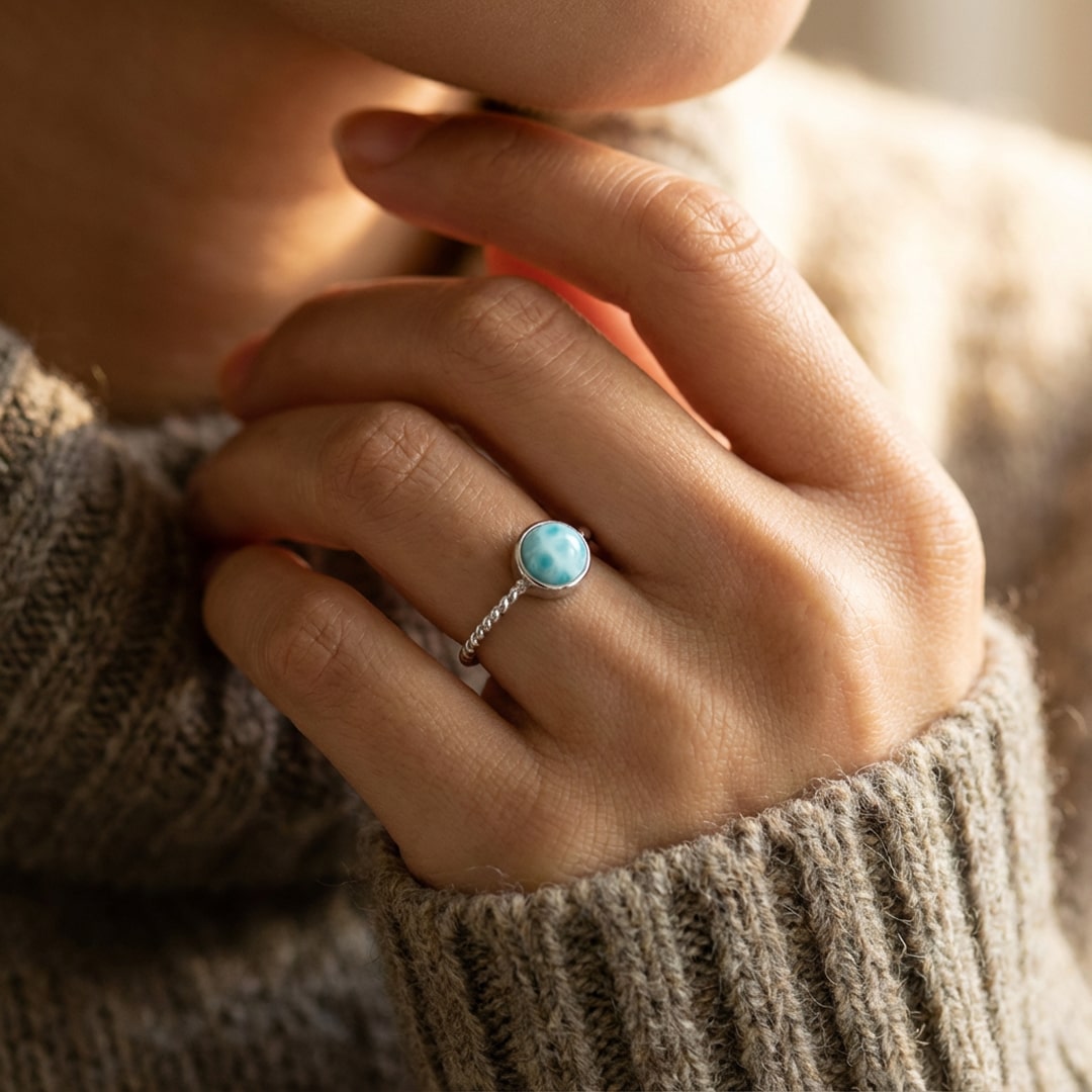 Bague "Douceur des Caraïbes" Pierre de Larimar - - L'Arbre des Chakras
