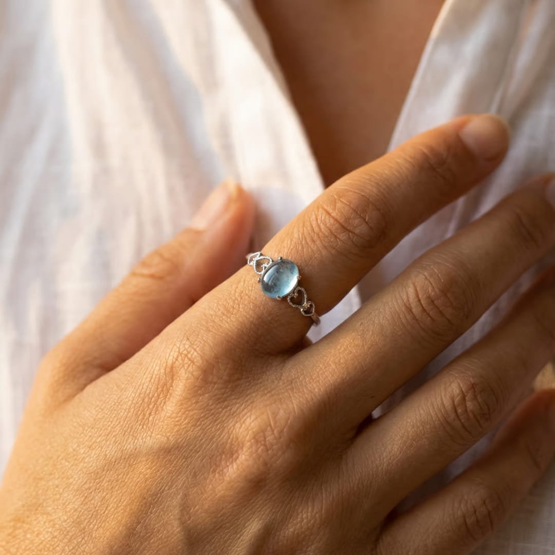 Bague Ajustable "Cristal de Mer" en Aigue-Marine - - L'Arbre des Chakras