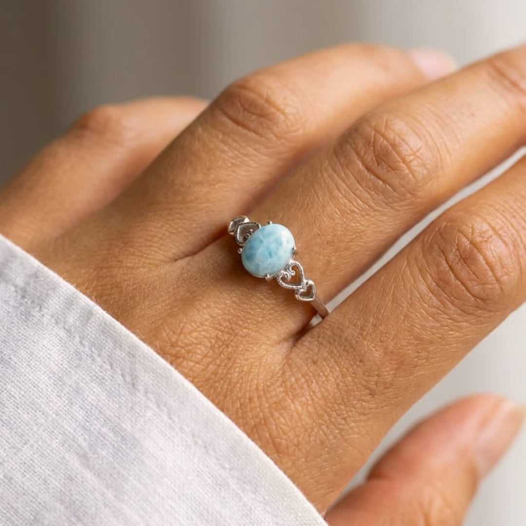 Bague Ajustable "Lagon Intérieur" en Pierre de Larimar - - L'Arbre des Chakras