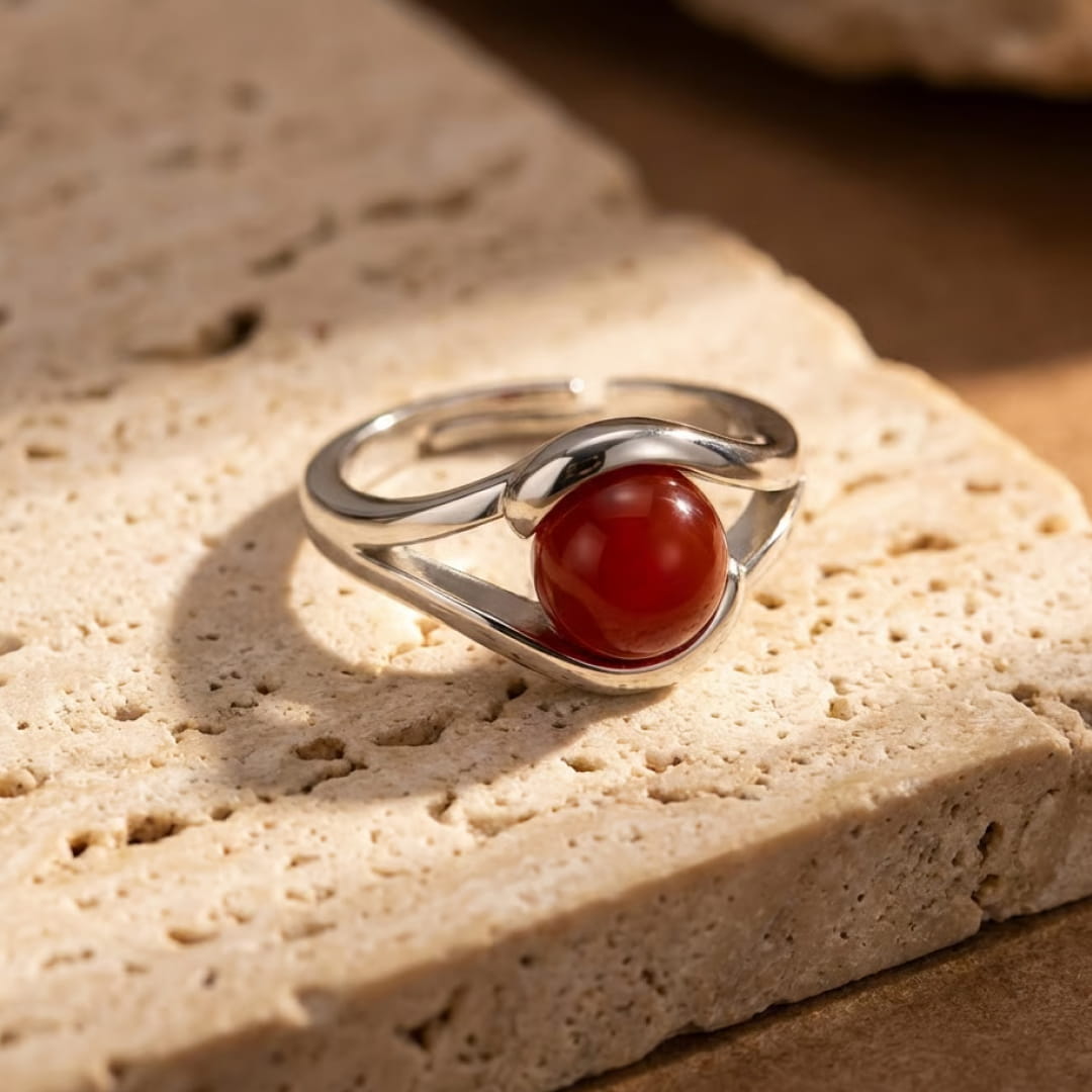 Bague Ajustable "Énergie Positive" en Agate Rouge - - L'Arbre des Chakras