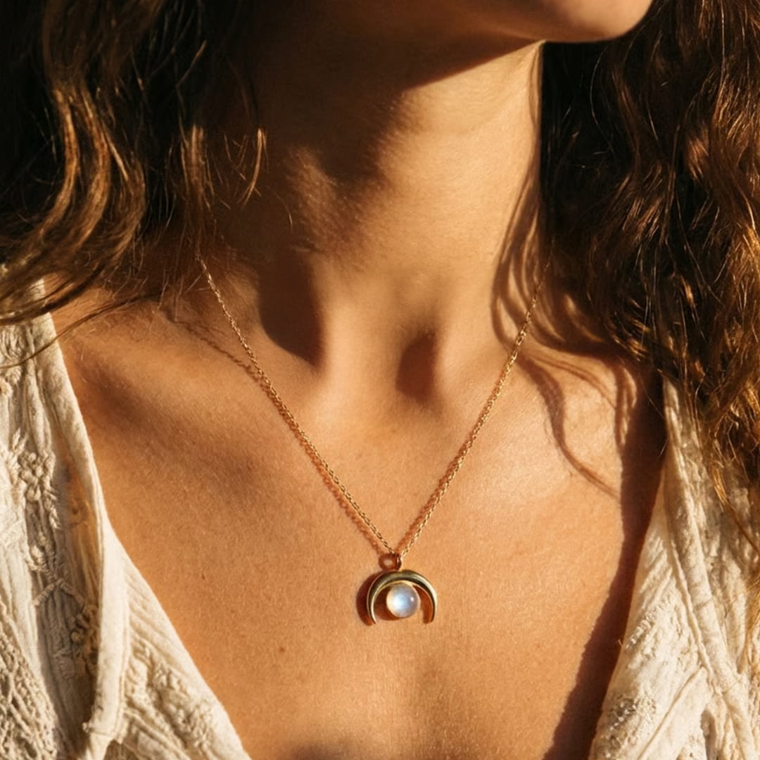 Collier Tibétain Pendentif Lune Et Om – Os De Bovin, Ras-du-cou, Neuf