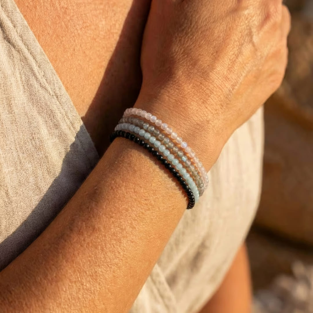 Ensemble "Force Intérieure & Protection" en Labradorite, Pierre de Lune, Aigue-Marine & Tourmaline Noire - - L'Arbre des Chakras