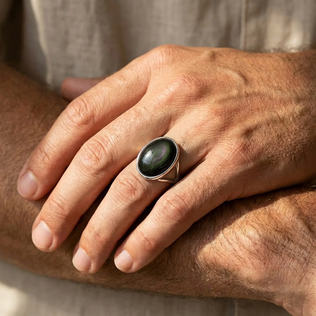 Bague Imposante En Obsidienne Céleste Et Argent 925 – Neuf Avec étiquettes, Bijou Unique Et Puissant