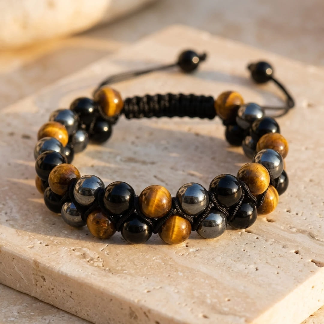 Bracelet Tressé Ajustable "Triple Protections" en Hématite, Oeil de Tigre & Obsidienne - - L'Arbre des Chakras