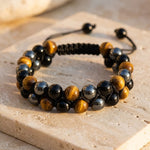 Bracelet Tressé Ajustable "Triple Protections" en Hématite, Oeil de Tigre & Obsidienne - - L'Arbre des Chakras