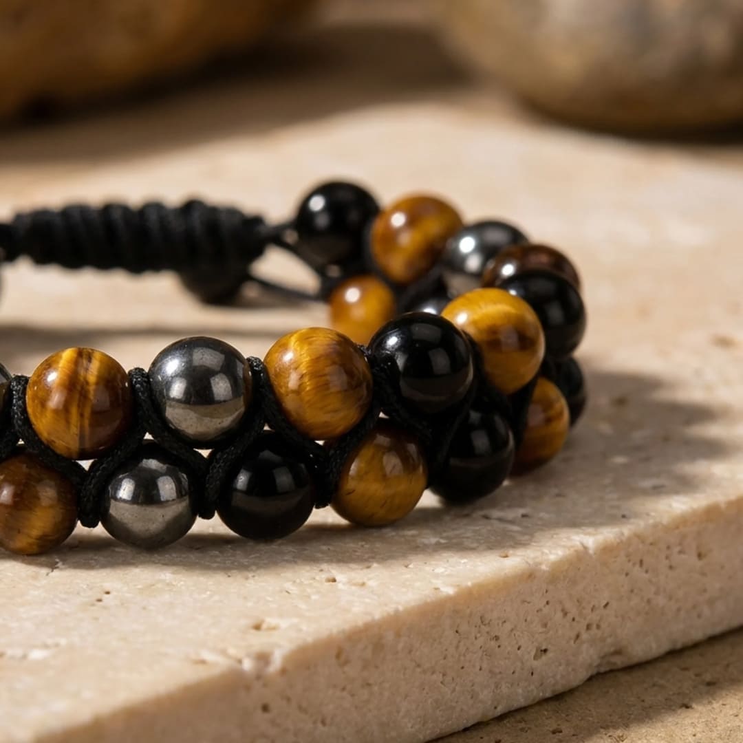 Bracelet Tressé Ajustable "Triple Protections" en Hématite, Oeil de Tigre & Obsidienne - - L'Arbre des Chakras