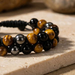 Bracelet Tressé Ajustable "Triple Protections" en Hématite, Oeil de Tigre & Obsidienne - - L'Arbre des Chakras