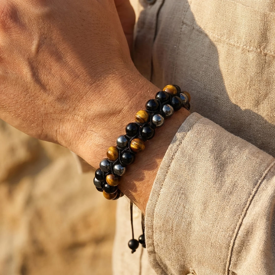 Bracelet Tressé Ajustable "Triple Protections" en Hématite, Oeil de Tigre & Obsidienne - - L'Arbre des Chakras
