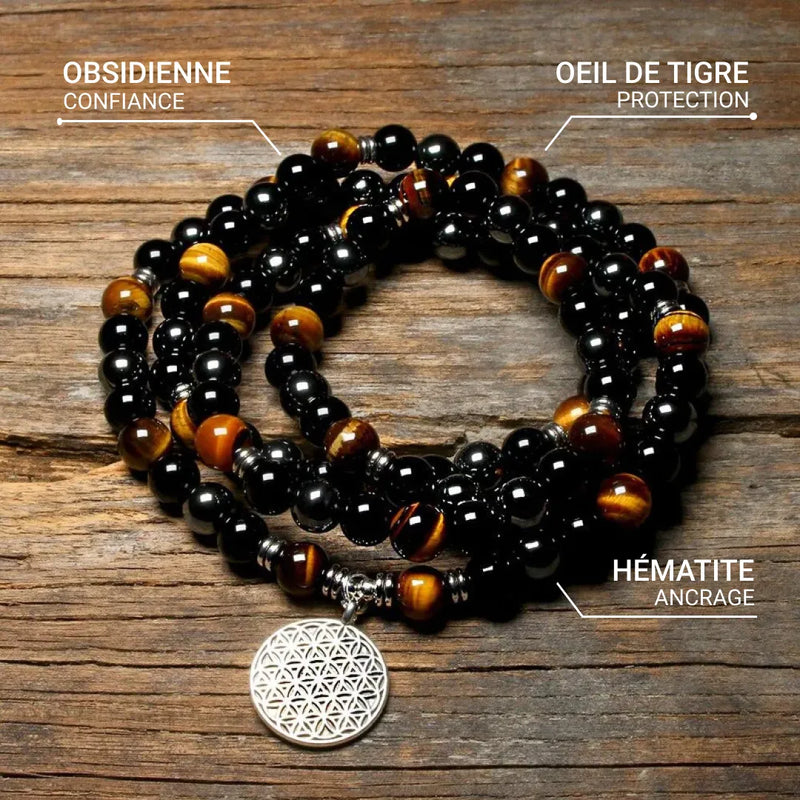 Bracelet Mala "Ancrage & Protection" en Oeil de Tigre, Obsidienne & Hématite -  - L'Arbre des Chakras