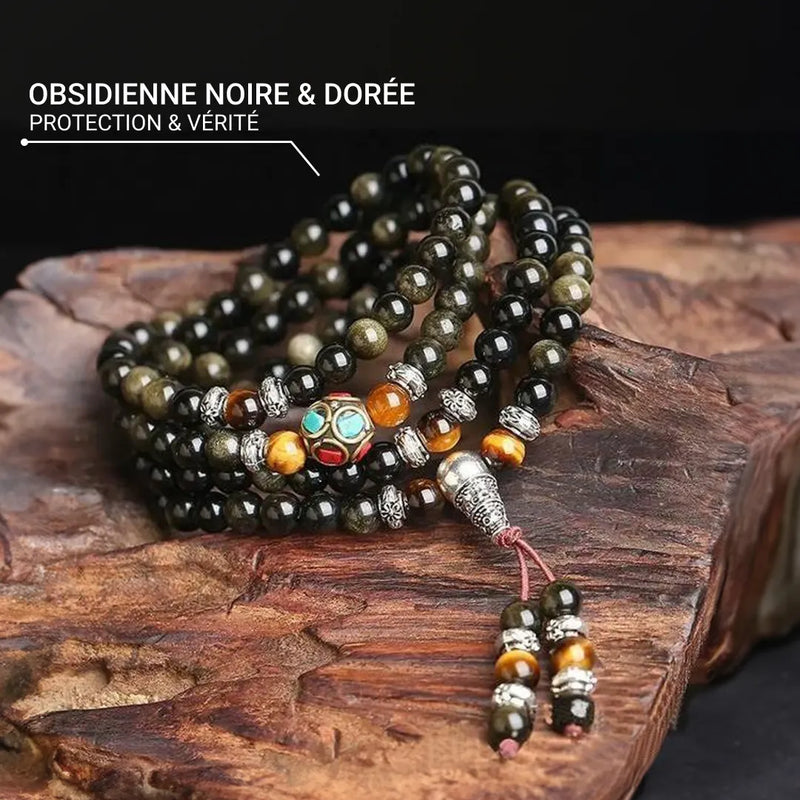 Bracelet Mala &quot;Bouddhiste&quot; en Obsidienne Noire &amp; Dorée -  - L&#39;Arbre des Chakras