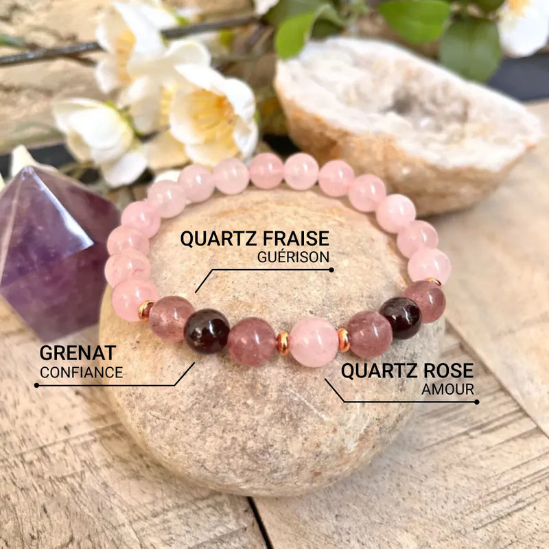 Bracelet "Amour Infini" en Quartz Rose, Grenat & Quartz Fraise -  - L'Arbre des Chakras