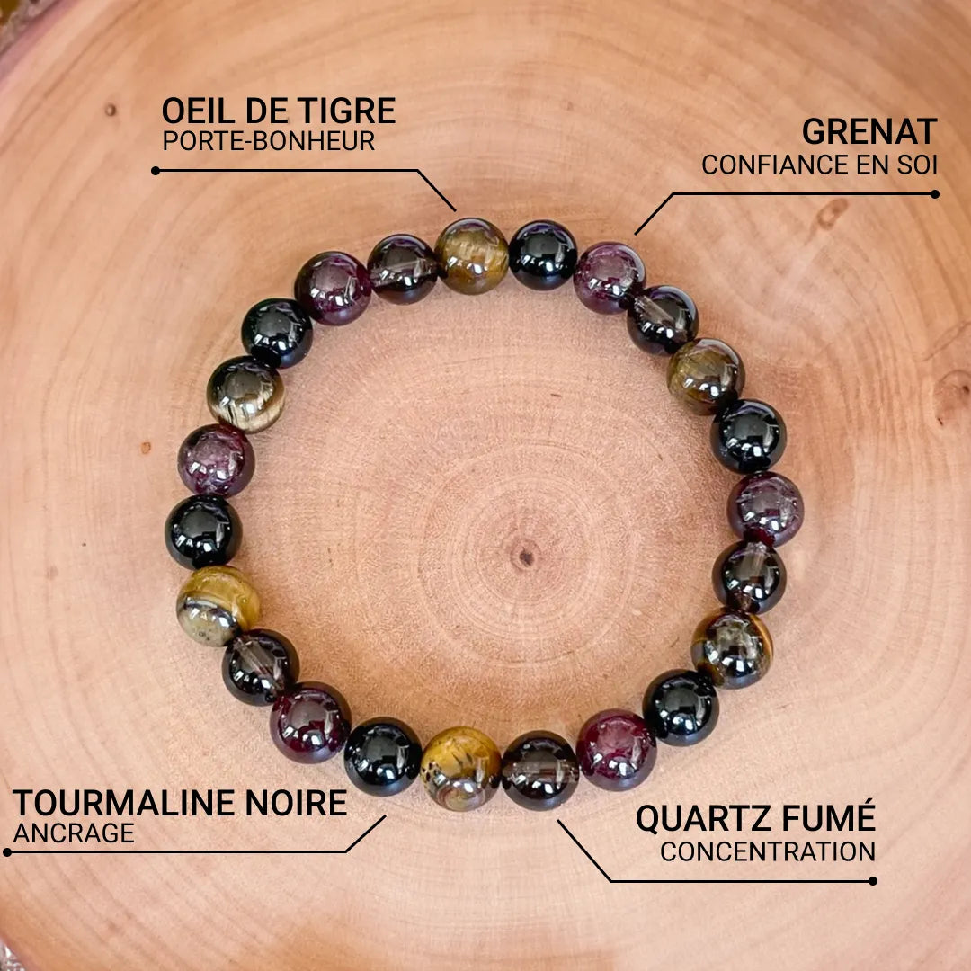 Bracelet "Réussite & Protection" en Oeil de Tigre, Grenat, Tourmaline & Quartz Fumé -  - L'Arbre des Chakras