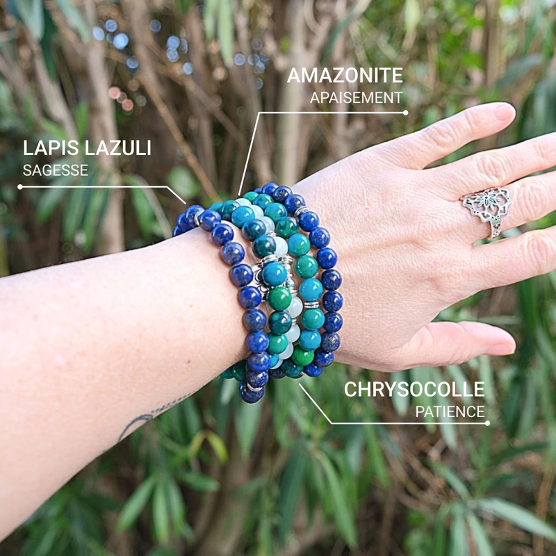 Bracelet Mala &quot;Acceptation&quot; en Chrysocolle, Lapis Lazuli &amp; Amazonite -  - L&#39;Arbre des Chakras