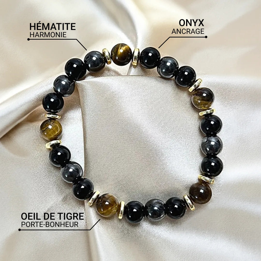 Bracelet "Confiance & Protection" en Oeil de Tigre, Hématite & Onyx -  - L'Arbre des Chakras