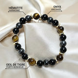 Bracelet "Confiance & Protection" en Oeil de Tigre, Hématite & Onyx -  - L'Arbre des Chakras