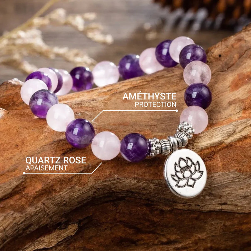 Bracelet "Amour & Spiritualité" en Améthyste & Quartz Rose - Lotus / 17cm - L'Arbre des Chakras