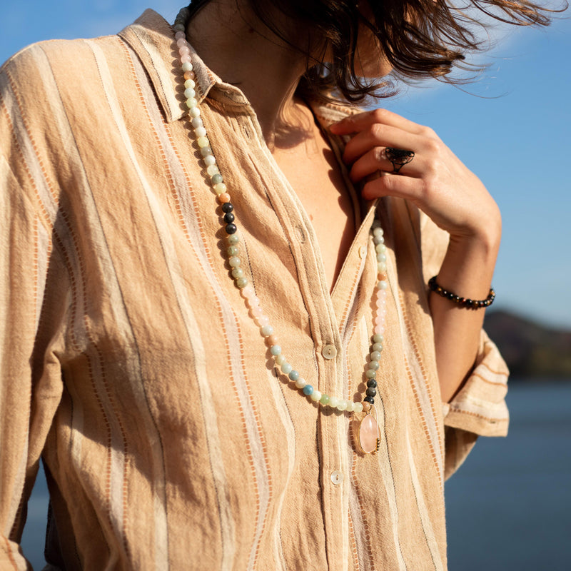 Collier Mala Premium "Sérénité de l'Esprit" en Labradorite, Aigue-Marine & Quartz Rose - - L'Arbre des Chakras