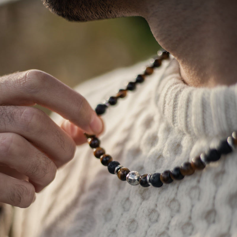 Collier "Énergie Terre & Feu" en Pierre de Lave & Oeil de Tigre - - L'Arbre des Chakras