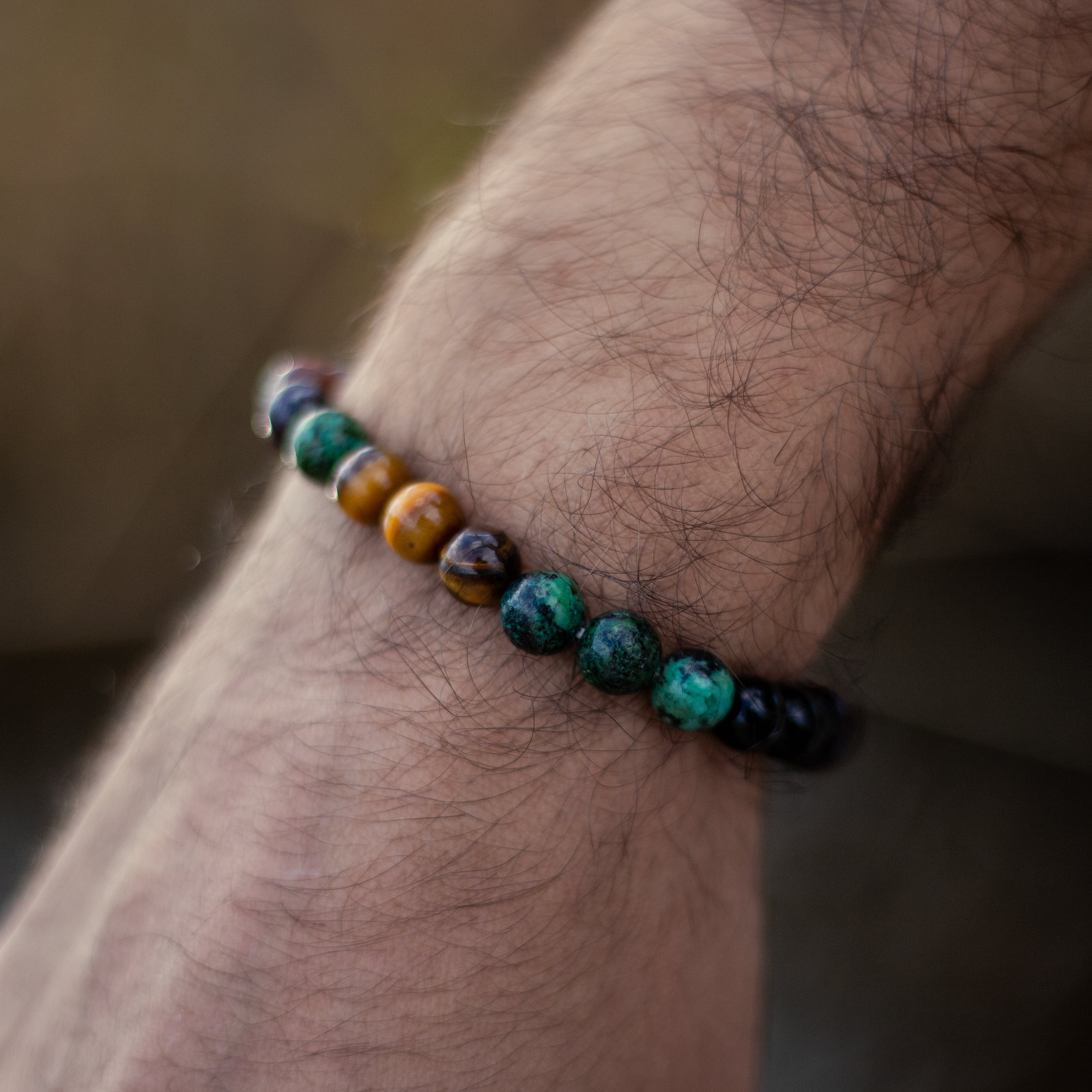 Bracelet "Énergies Protectrices" en Oeil de Tigre, Oeil de Taureau & Turquoise Africaine - - L'Arbre des Chakras