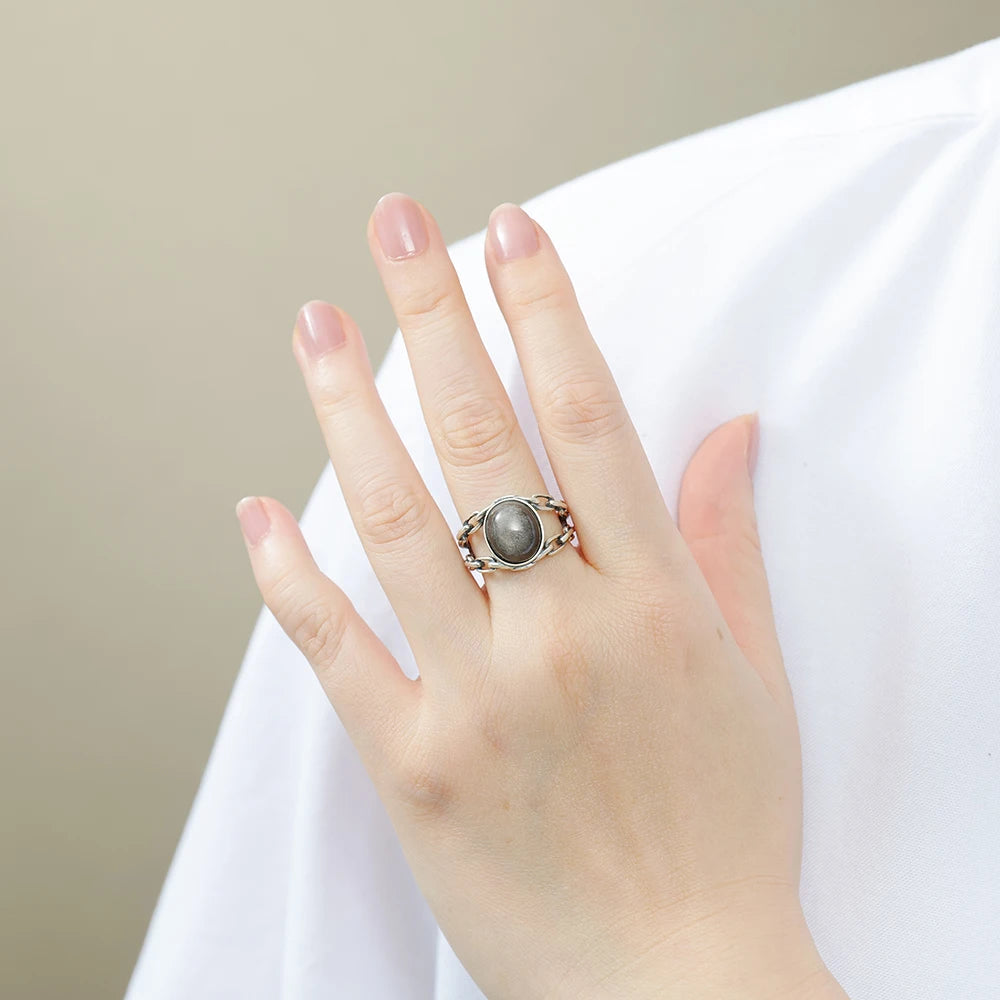 Bagues Ajustable "Confiance Sacrée" en Obsidienne Dorée