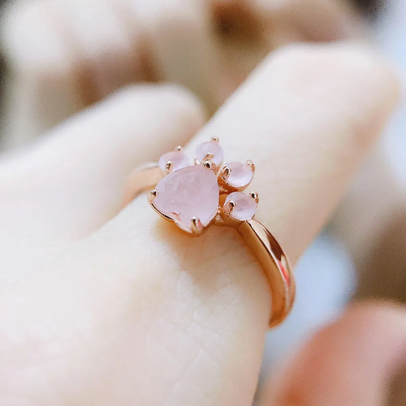 Bague Ajustable "Mon Cœur à Pattes" en Quartz Rose - - L'Arbre des Chakras