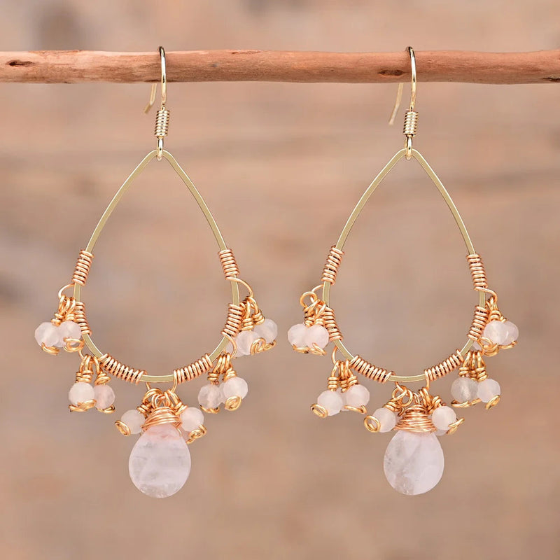 Boucles d&#39;Oreilles &quot;Rétro&quot; en Pierres Naturelles - Quartz Rose - L&#39;Arbre des Chakras