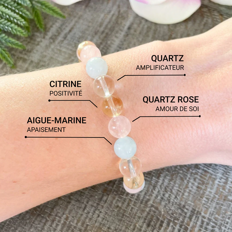 Bracelet &quot;Existence&quot; en Aigue-Marine, Quartz Rose, Citrine &amp; Quartz -  - L&#39;Arbre des Chakras