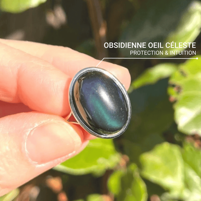 Bague Ajustable &quot;Guérison de L&#39;Âme&quot; en Obsidienne Œil Céleste &amp; Argent -  - L&#39;Arbre des Chakras