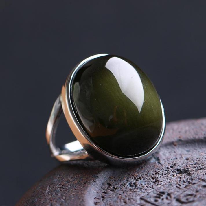 Bague Ajustable &quot;Guérison de L&#39;Âme&quot; en Obsidienne Œil Céleste &amp; Argent -  - L&#39;Arbre des Chakras