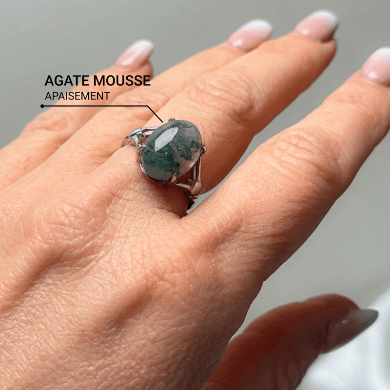 Bague Ajustable "Sérénité Verdoyante" en Agate Mousse & Argent -  - L'Arbre des Chakras