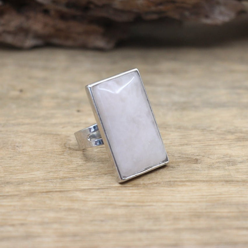 Bague Rectangle Ajustable en Pierre Naturelle - Quartz Rose - L'Arbre des Chakras