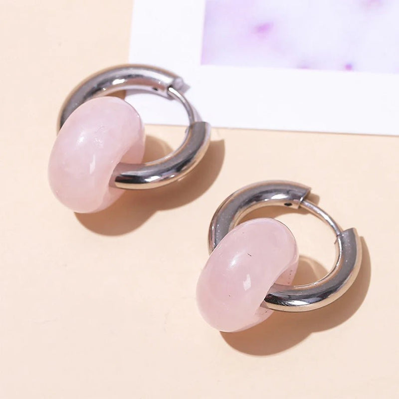 Boucles d&#39;Oreilles &quot;Double Créole&quot; en Pierres Naturelles - Quartz Rose - L&#39;Arbre des Chakras