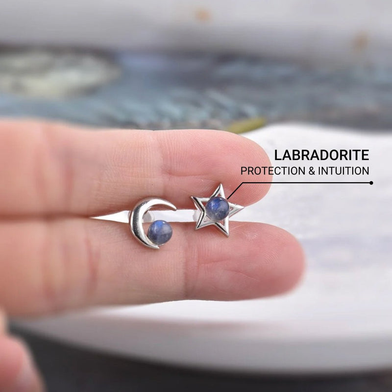 Boucles d&#39;Oreilles &quot;Lune Étoile&quot; en Labradorite &amp; Argent -  - L&#39;Arbre des Chakras