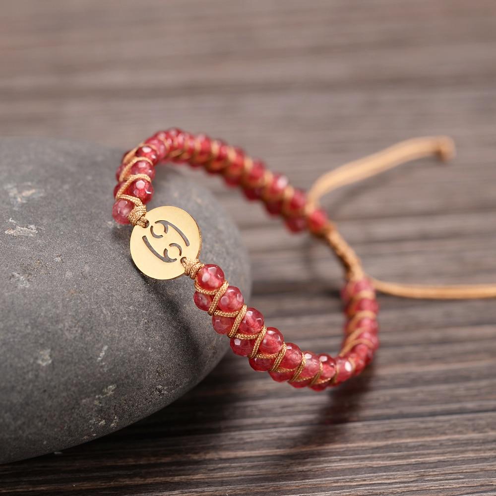 Bracelet Tressé "12 Constellations" en Pierres Naturelles - Cancer - Quartz Fraise - L'Arbre des Chakras