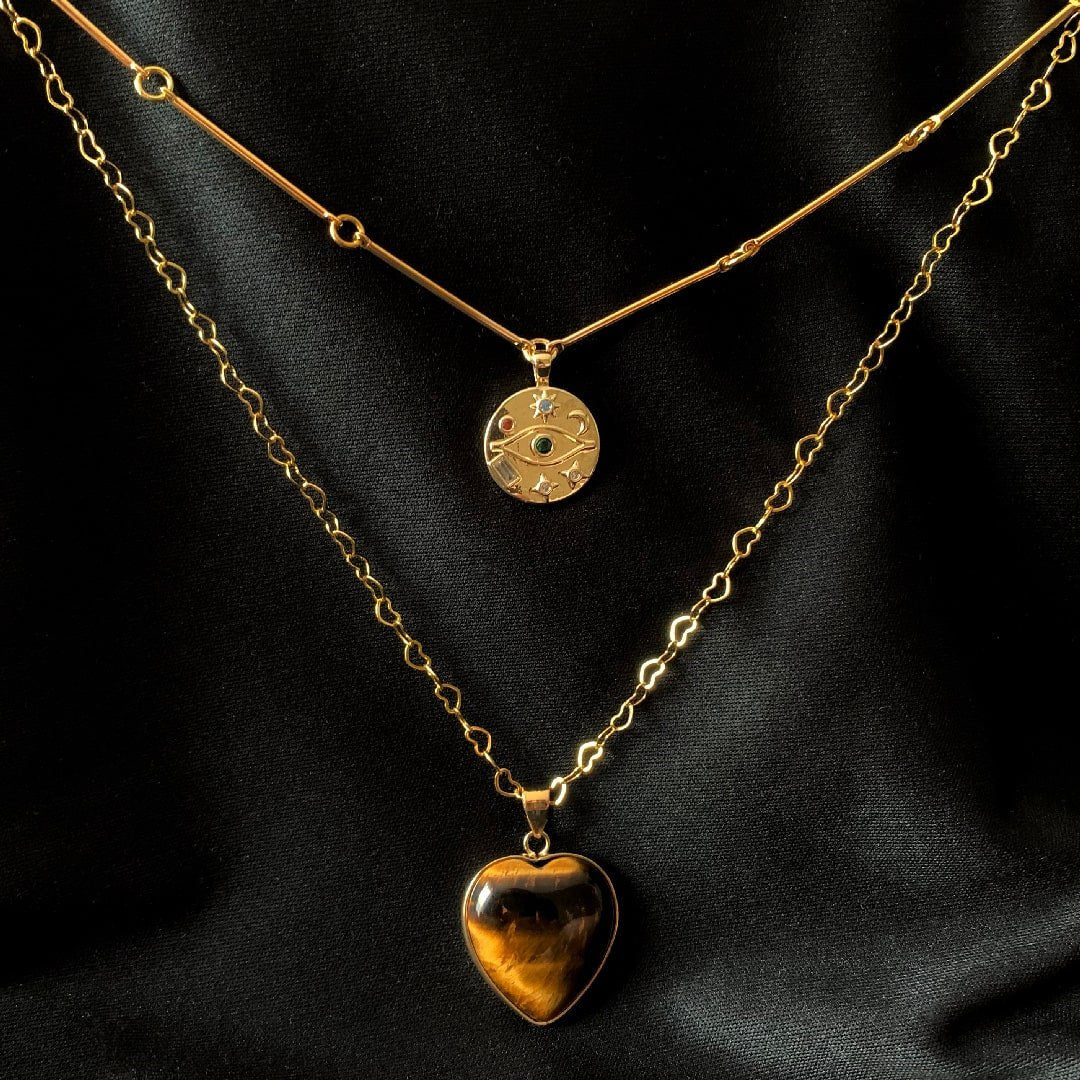 Collier Double "Coeur Protecteur" en Oeil de Tigre -  - L'Arbre des Chakras