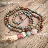 Collier Mala 108 Perles en Jaspe Aqua Terra, Amazonite & Quartz Rose -  - L'Arbre des Chakras