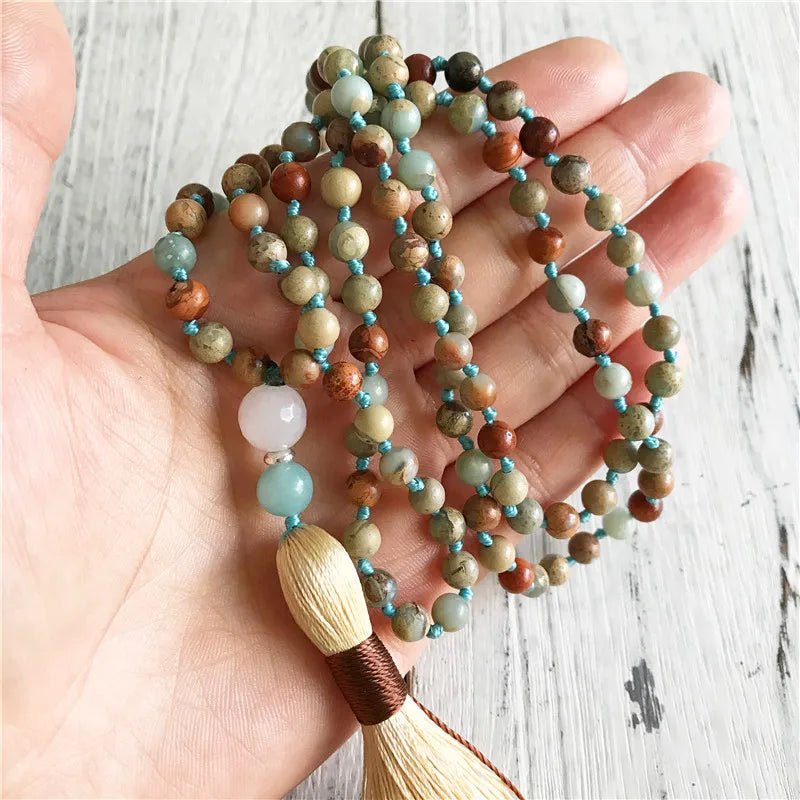 Collier Mala 108 Perles en Jaspe Aqua Terra, Amazonite & Quartz Rose -  - L'Arbre des Chakras