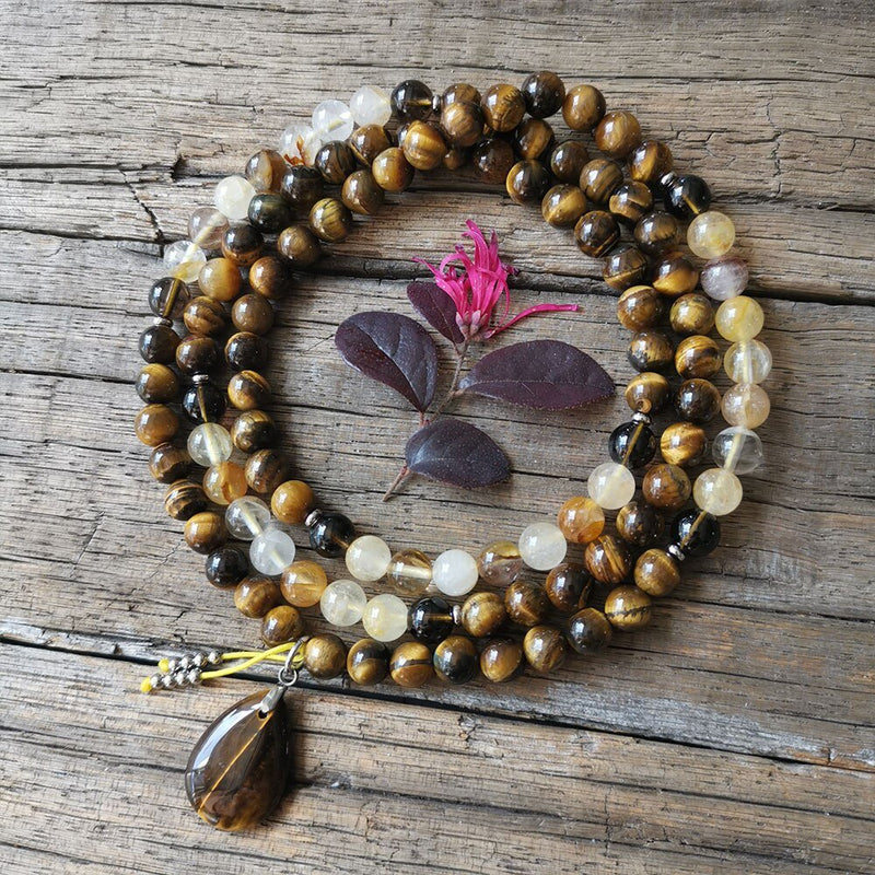 Collier Mala "Bulle de Protection" en Quartz Fumé, Quartz de Feu & Oeil de Tigre -  - L'Arbre des Chakras