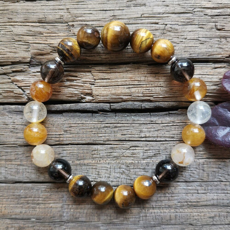 Collier Mala "Bulle de Protection" en Quartz Fumé, Quartz de Feu & Oeil de Tigre -  - L'Arbre des Chakras