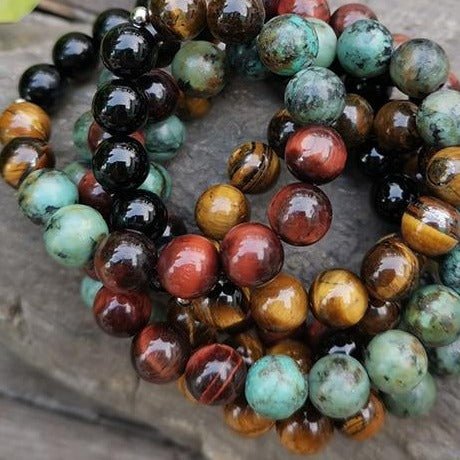 Collier Mala &quot;Énergies Protectrices&quot; en Oeil de Tigre, Oeil de Taureau, Turquoise Africaine &amp; Onyx -  - L&#39;Arbre des Chakras