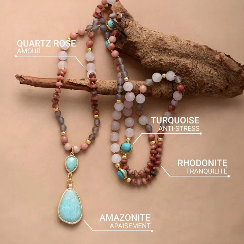 Collier Mala Ethnique en Turquoise, Amazonite, Quartz Rose & Rhodonite -  - L'Arbre des Chakras