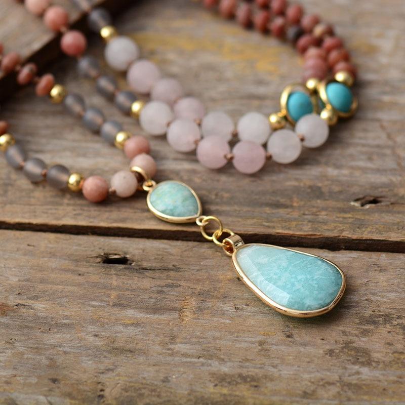 Collier Mala Ethnique en Turquoise, Amazonite, Quartz Rose & Rhodonite -  - L'Arbre des Chakras