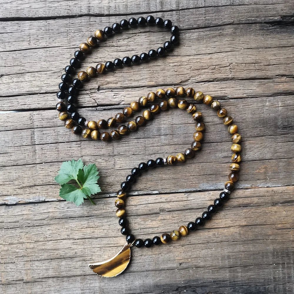 Collier Mala "Lune Protectrice" en Onyx & Oeil de Tigre - Collier Mala - L'Arbre des Chakras